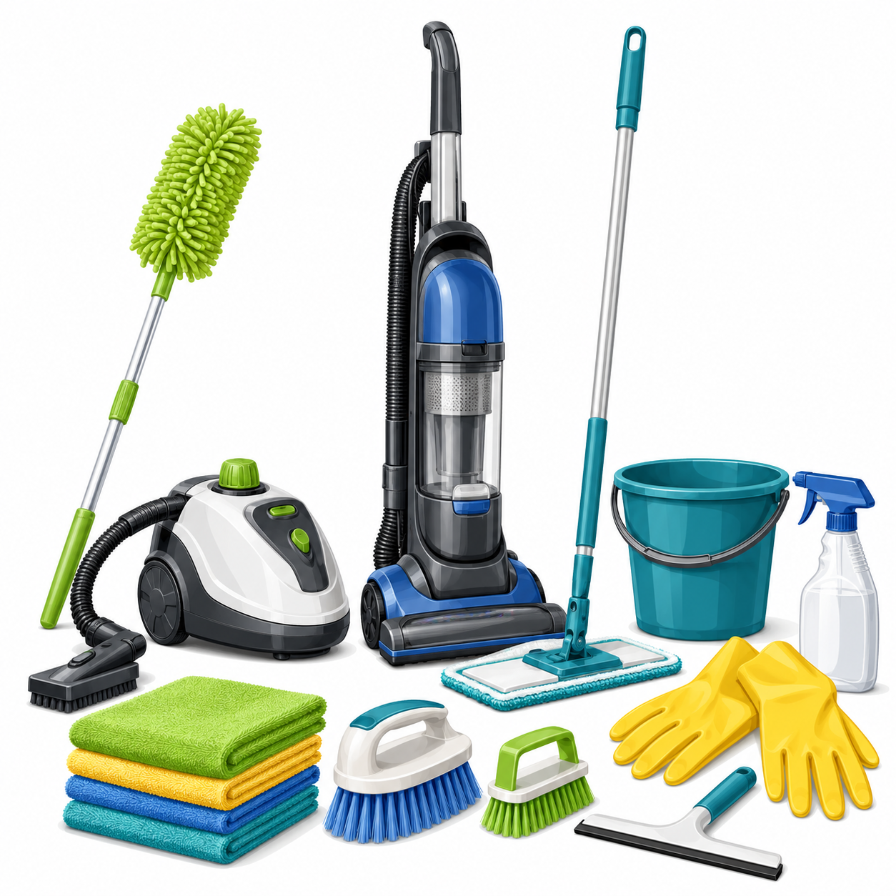 House deep cleaning tools for kitchens, bathrooms, floors and furniture