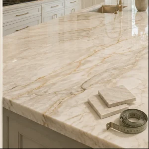 Quartzite kitchen countertop with stone samples and measuring tape