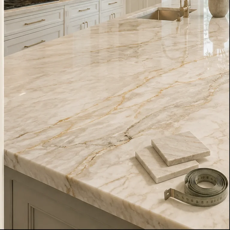 Quartzite kitchen countertop with stone samples and measuring tape