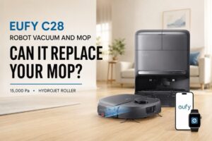 Eufy C28 Robot Vacuum and Mop with all in one station in a modern living room