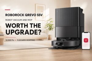 Roborock Qrevo S5V Robot Vacuum and Mop with multifunction dock in a modern living room