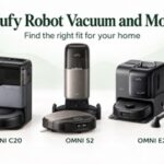 Eufy robot vacuum and mop models Omni C20, Omni S2, and Omni E28 with their docking stations.